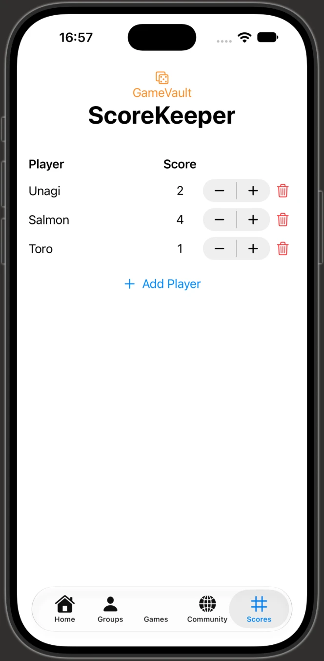 GameVault ScoreKeeper screen with three players, each with plus and minus score buttons