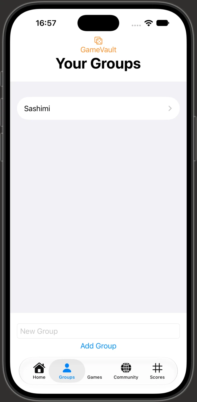 GameVault Your Groups screen listing a group called Sashimi, with a field to add a new group