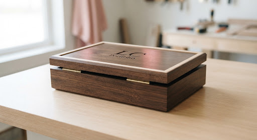 Walnut book box with an engraved LC monogram on the lid